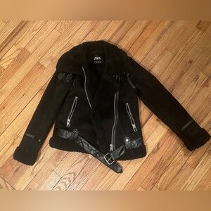 Zara Black Faux Shearling Moto Jacket with Belt